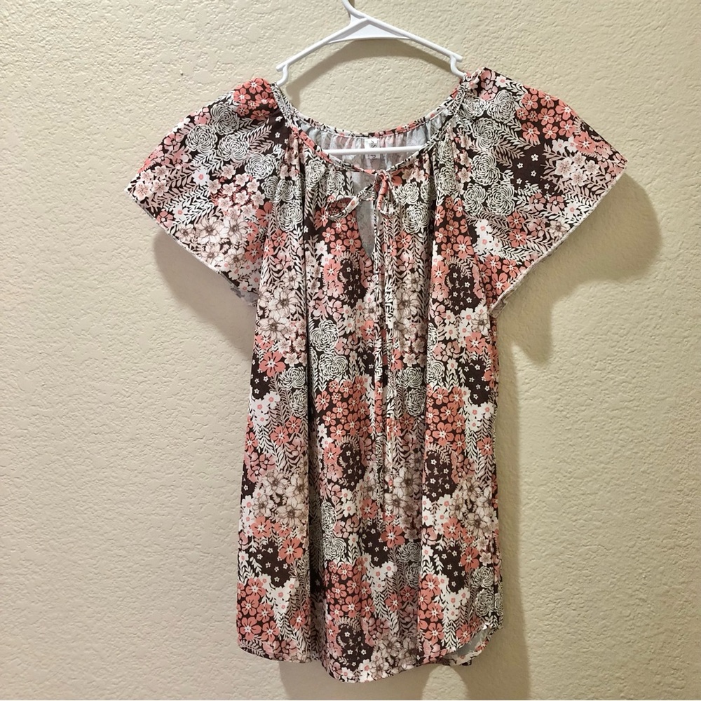 SHEIN Pink and Brown Floral Tie-Front Peasant Top